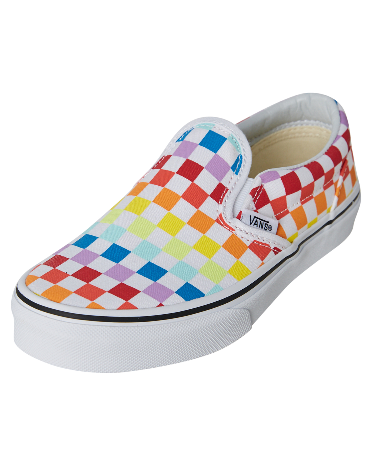rainbow vans checkerboard slip on