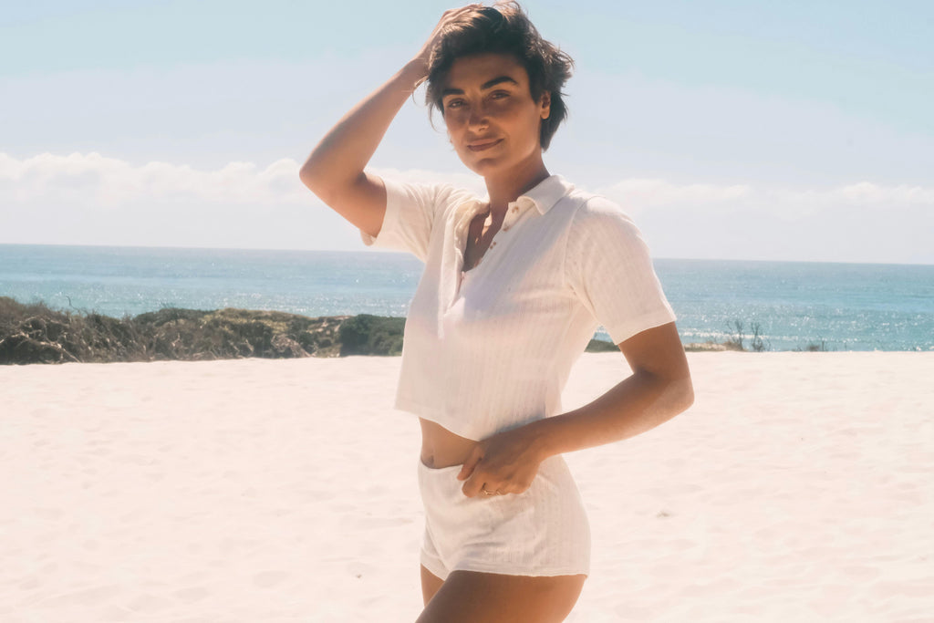 Beach PJ Collar Tee in Cream Pointelle