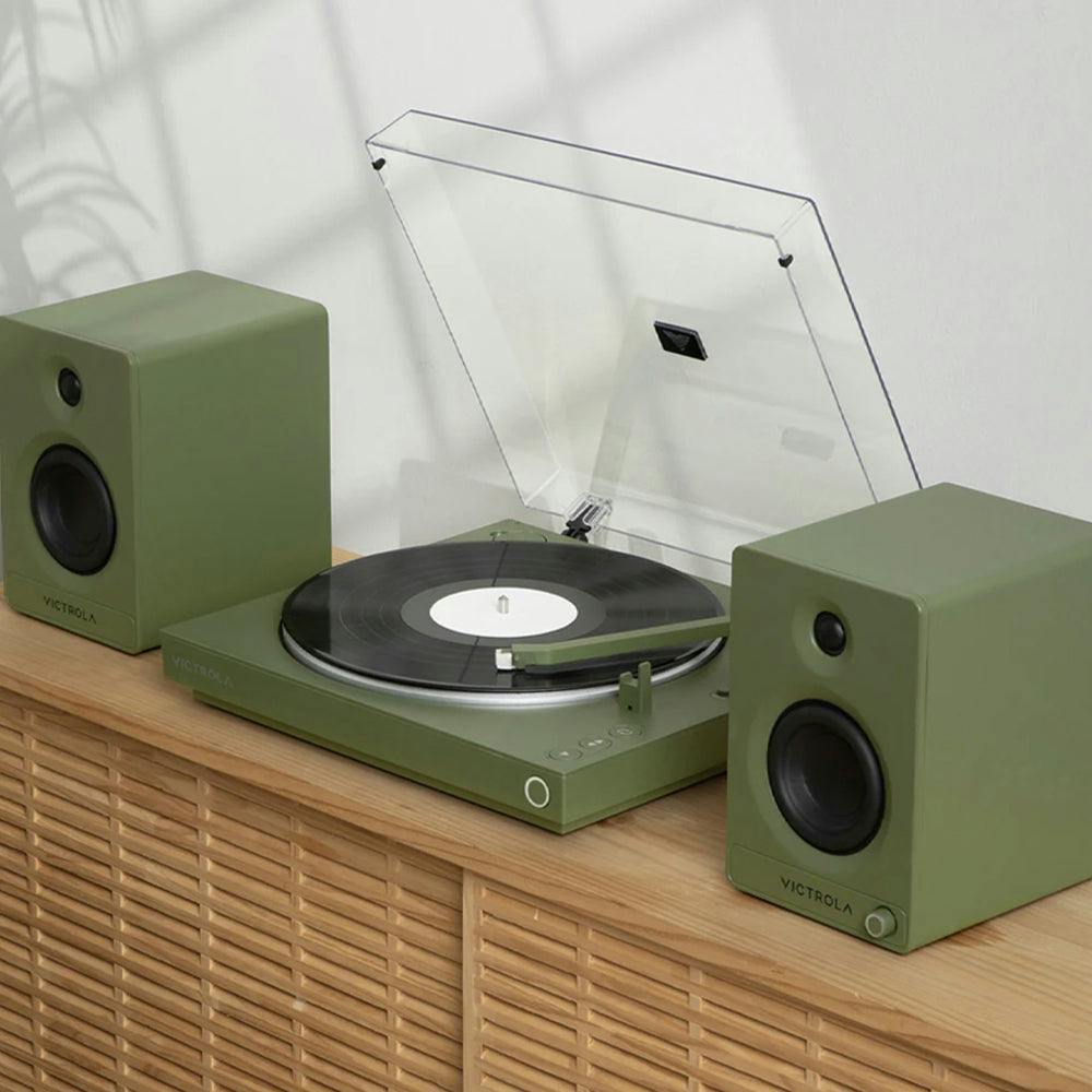 Victrola Automatic Turntable + Victrola Tempo Bookshelf Speakers Bundle - Green