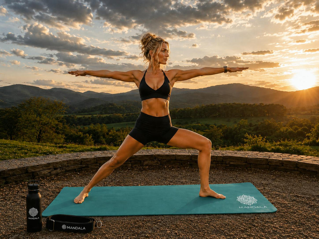 Mandala Yoga Mat Premium Bundle, Includes Yoga Mat 188cm H x 61cm W, Yoga Strap & Steel Hydration Bottle - Teal