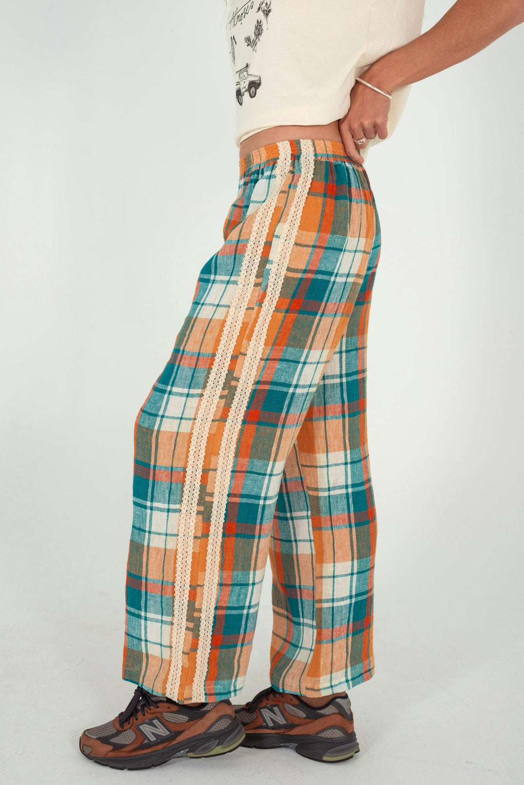 Rozzie Elastic Waist Pant in Citrus/ Teal Check