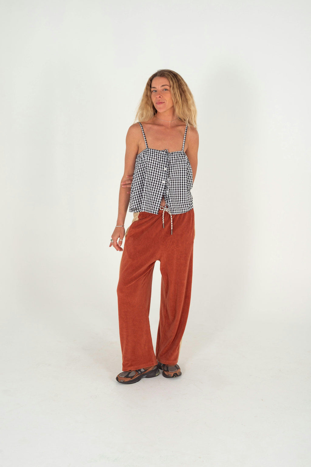 Aura Button Cami Top in Black Gingham
