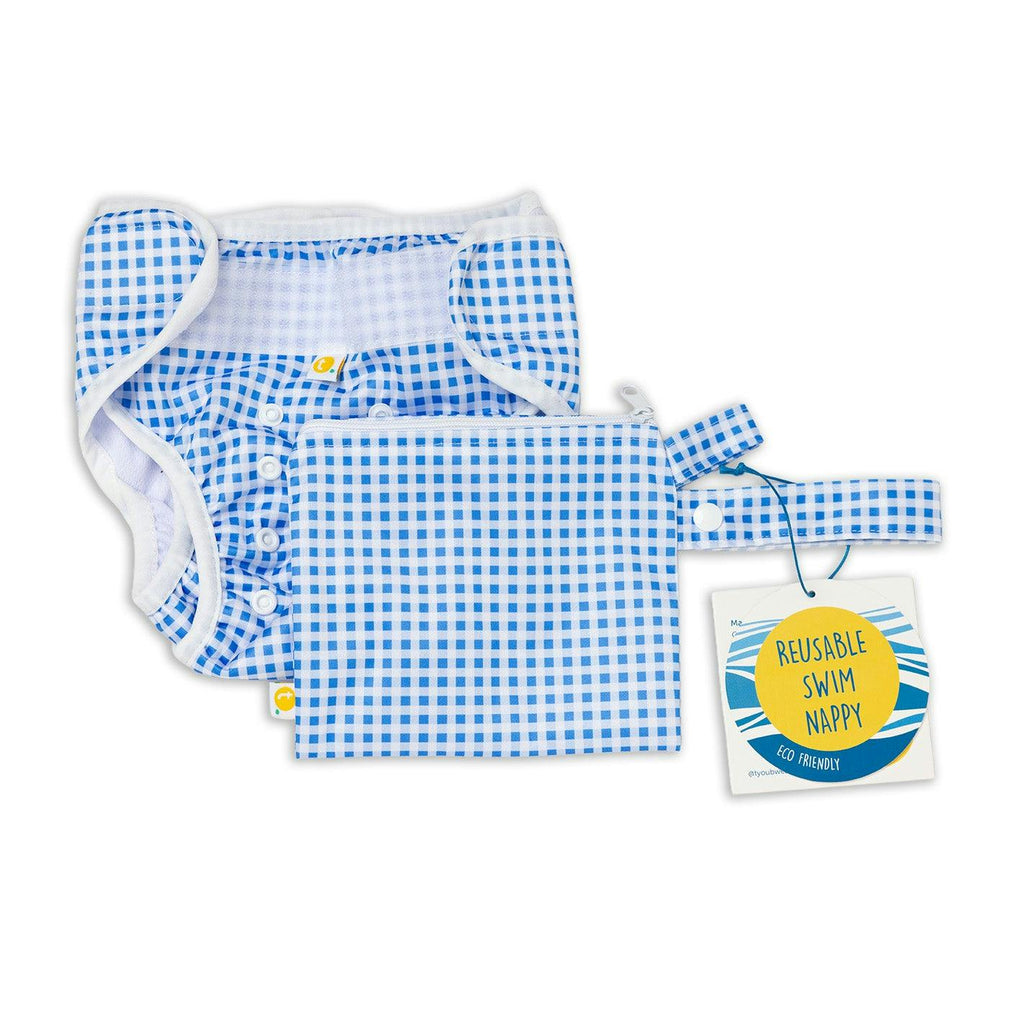 Adjustable Reusable Swim Nappy and Wet Bag - Blue Gingham Check