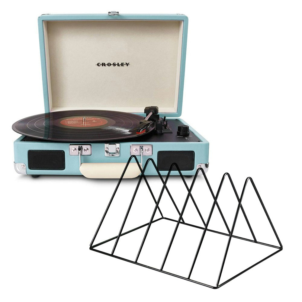 Crosley Cruiser Bluetooth Portable Turntable - Turquoise + Gadhouse Vinyl Rack Bundle - Black