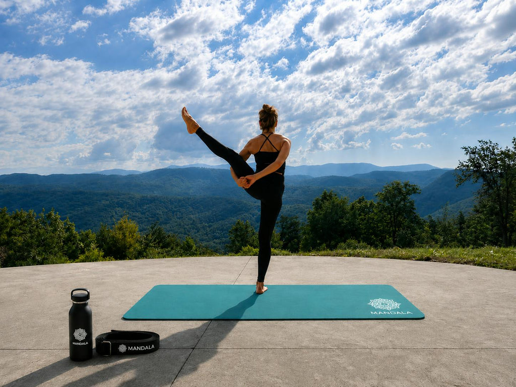 Mandala Yoga Mat Premium Bundle, Includes Yoga Mat 188cm H x 61cm W, Yoga Strap & Steel Hydration Bottle - Teal