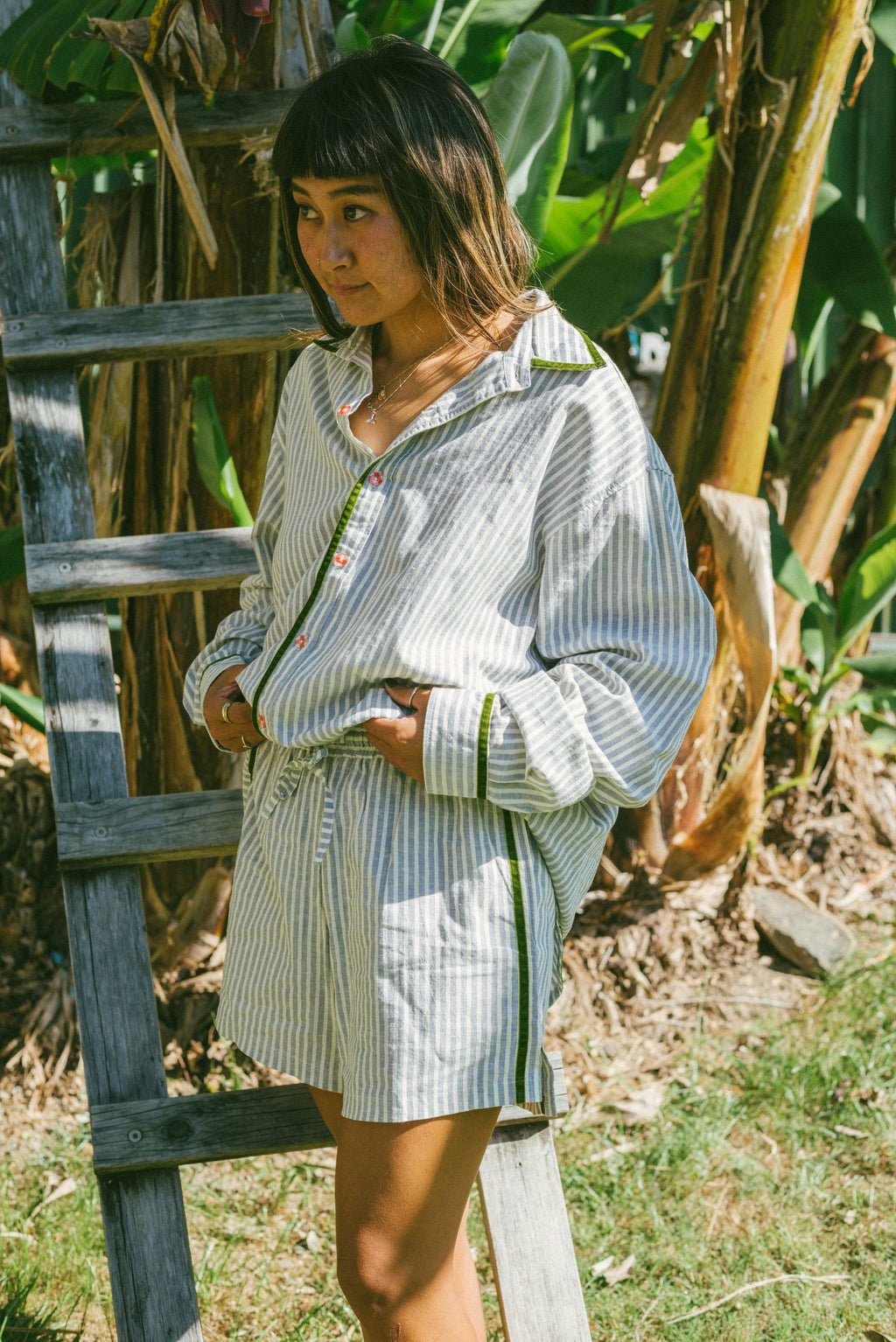 PJ Shirt in Green Velvet Stripe