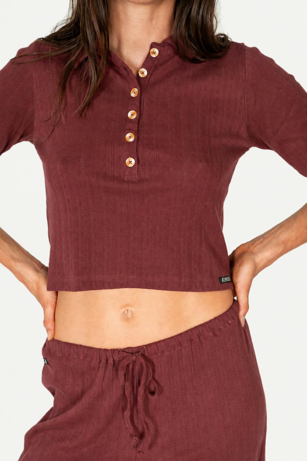 Beach Pj Collar Tee in Burgundy