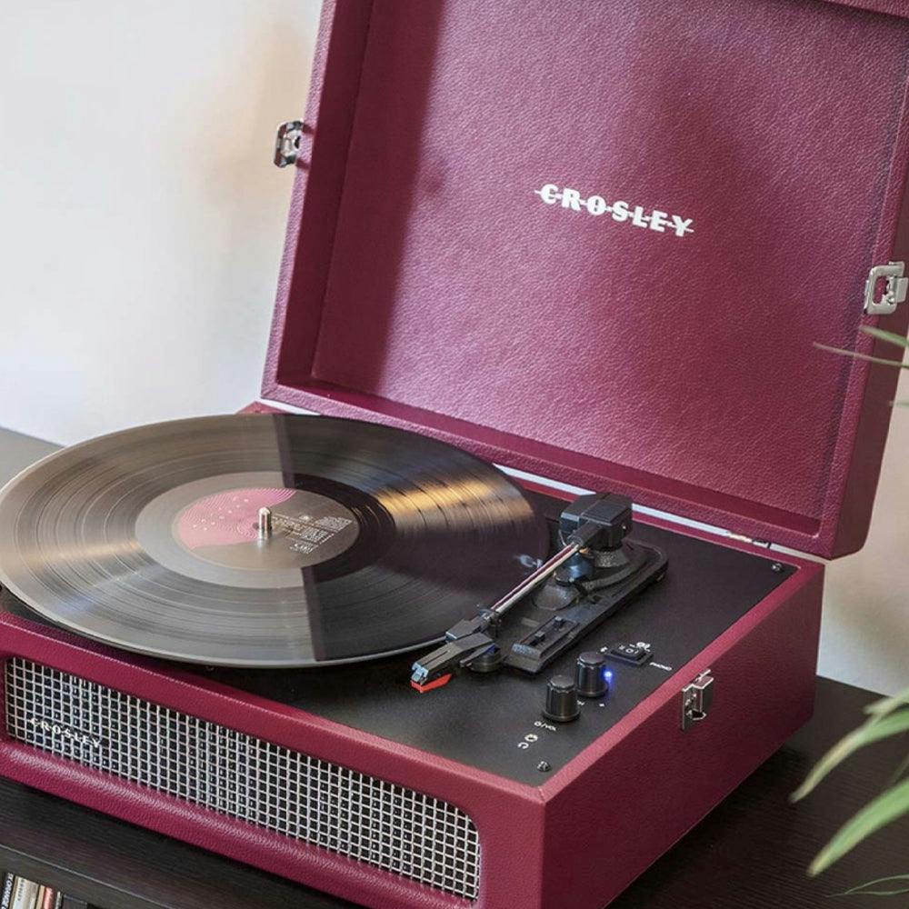 Crosley Voyager Bluetooth Portable Turntable + Bundled Crosley Record Storage Display Stand - Burgundy