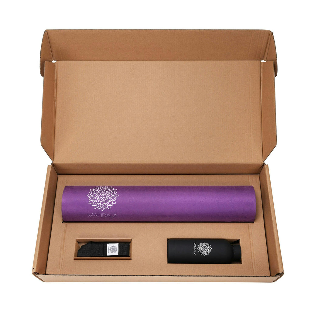 Mandala Yoga Mat Premium Bundle, Includes Yoga Mat 188cm H x 61cm W, Yoga Strap & Steel Hydration Bottle - Purple
