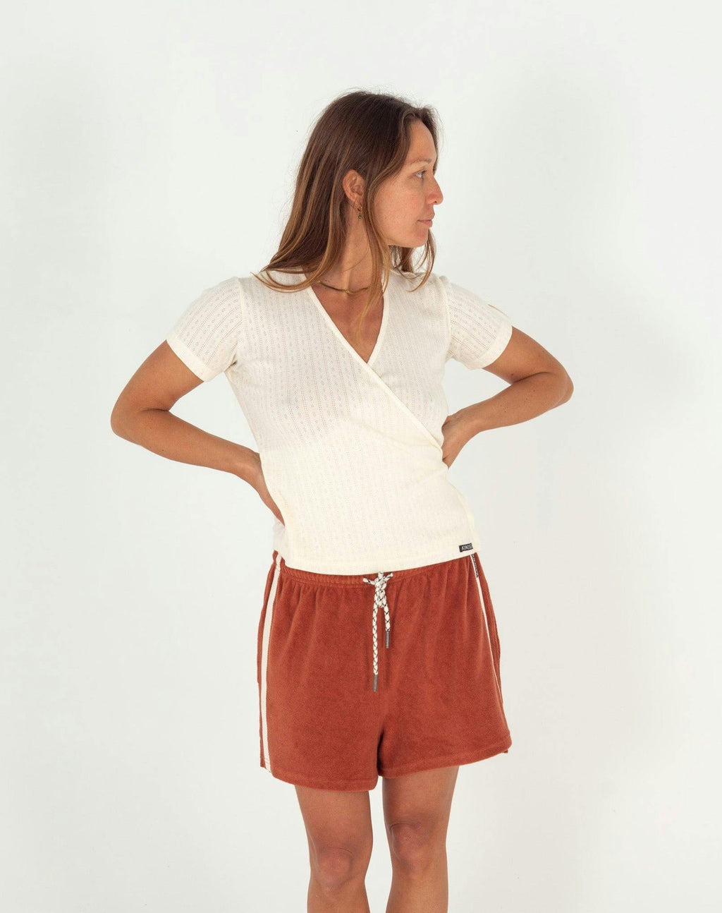 Mila Wrap Top in Oat Pointelle