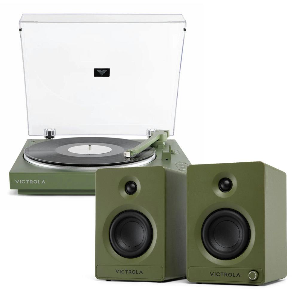 Victrola Automatic Turntable + Victrola Tempo Bookshelf Speakers Bundle - Green