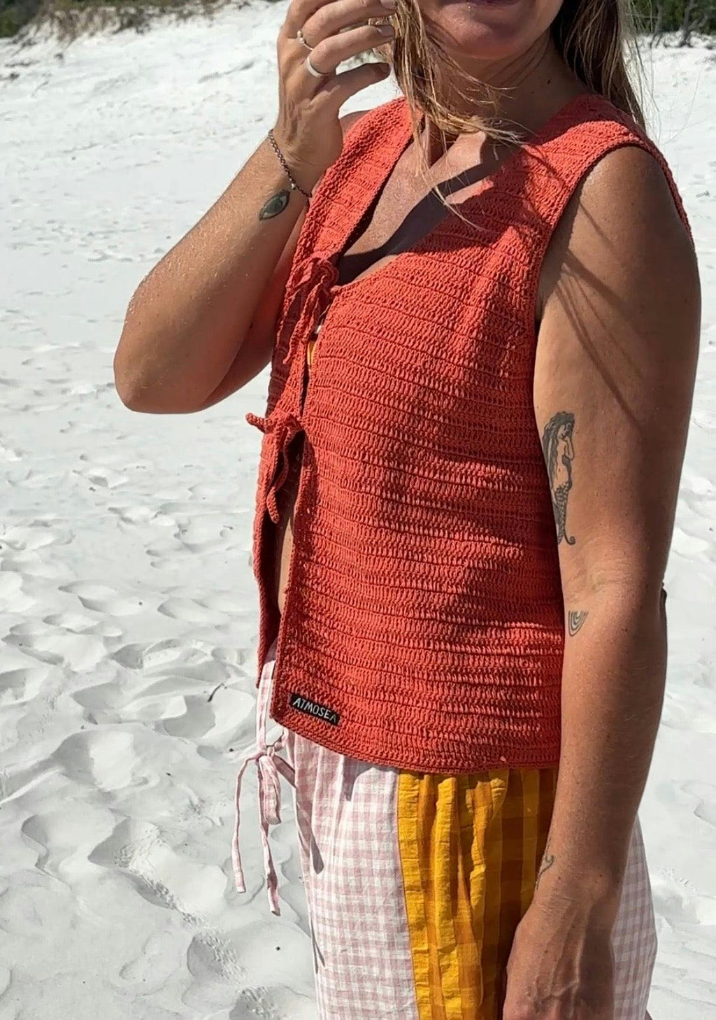 Crochet Tie Vest in Rust