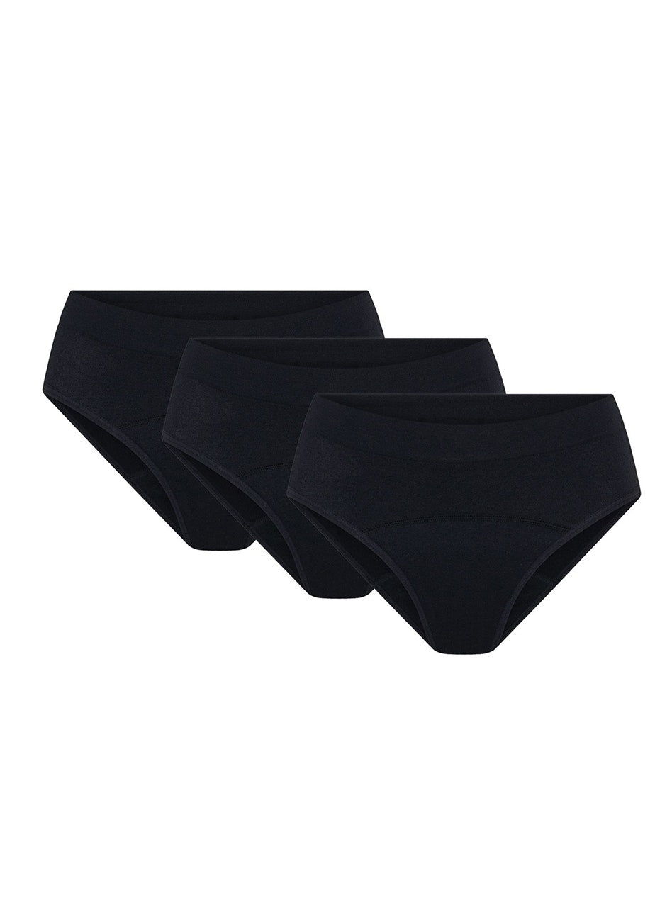 Teen Soft Stretch Seamless Hipster Period Underwear Bikini Moderate Absorbency 3 Pack Black