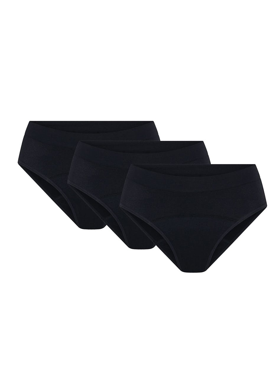 Teen Soft Stretch Seamless Hipster Period Underwear Bikini Moderate Absorbency 3 Pack Black