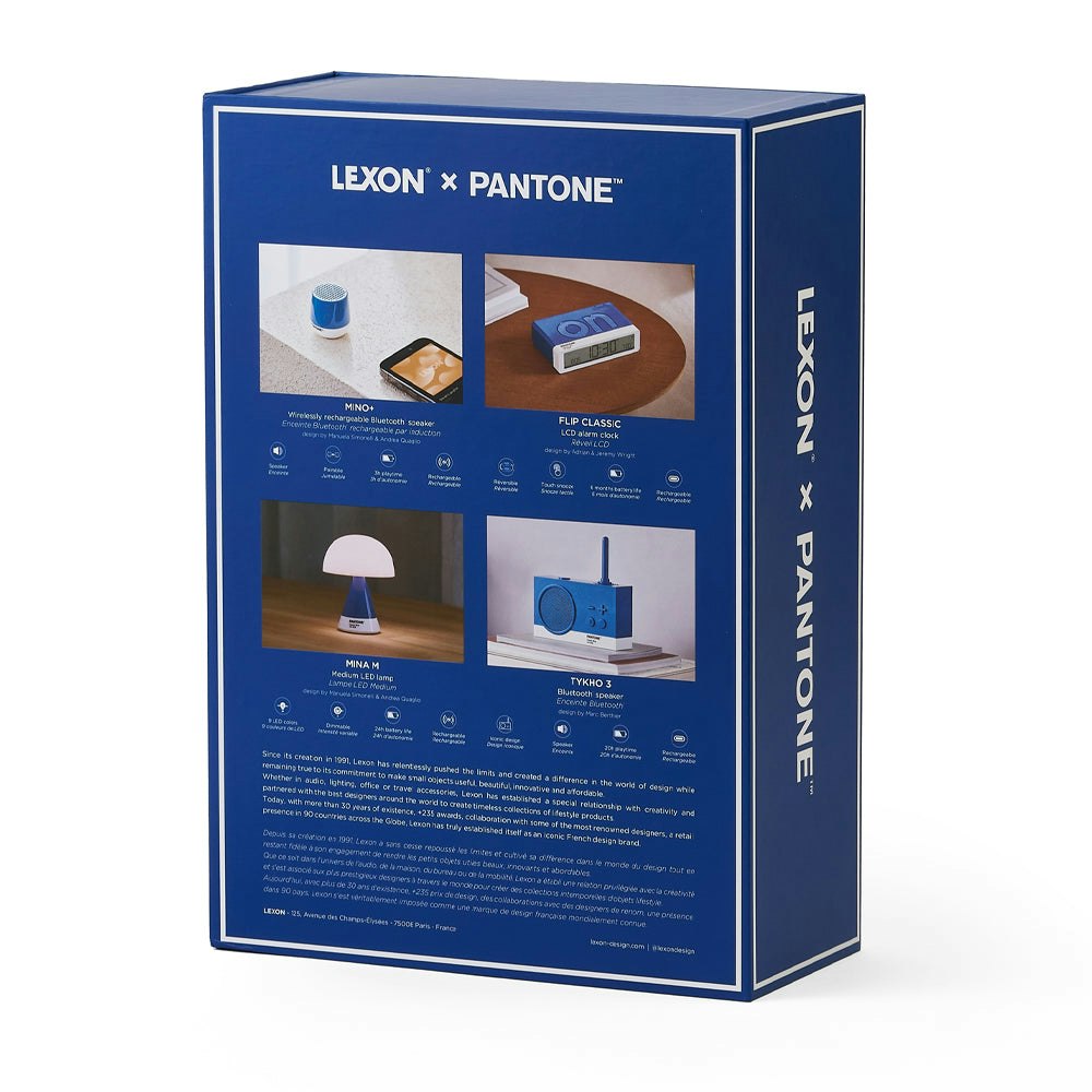 Lexon GIFT Set PANTONE - Includes Mino+ Mini Speaker, Flip Classic Clock, Mina M Lamp, Thykho 3  Speaker - Classic Blue