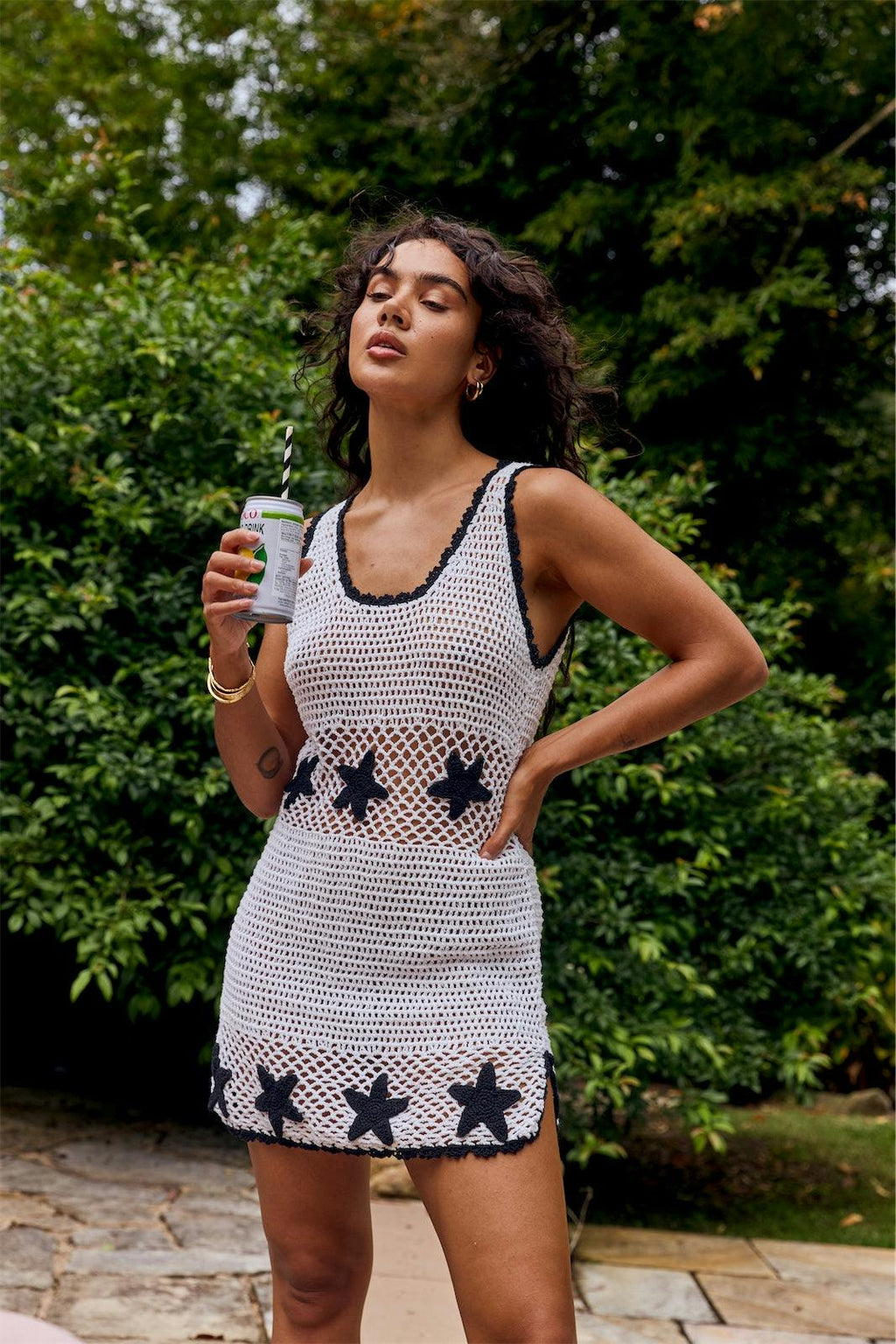 MEDITERRANEAN CROCHET MINI DRESS - NOIR & WHITE