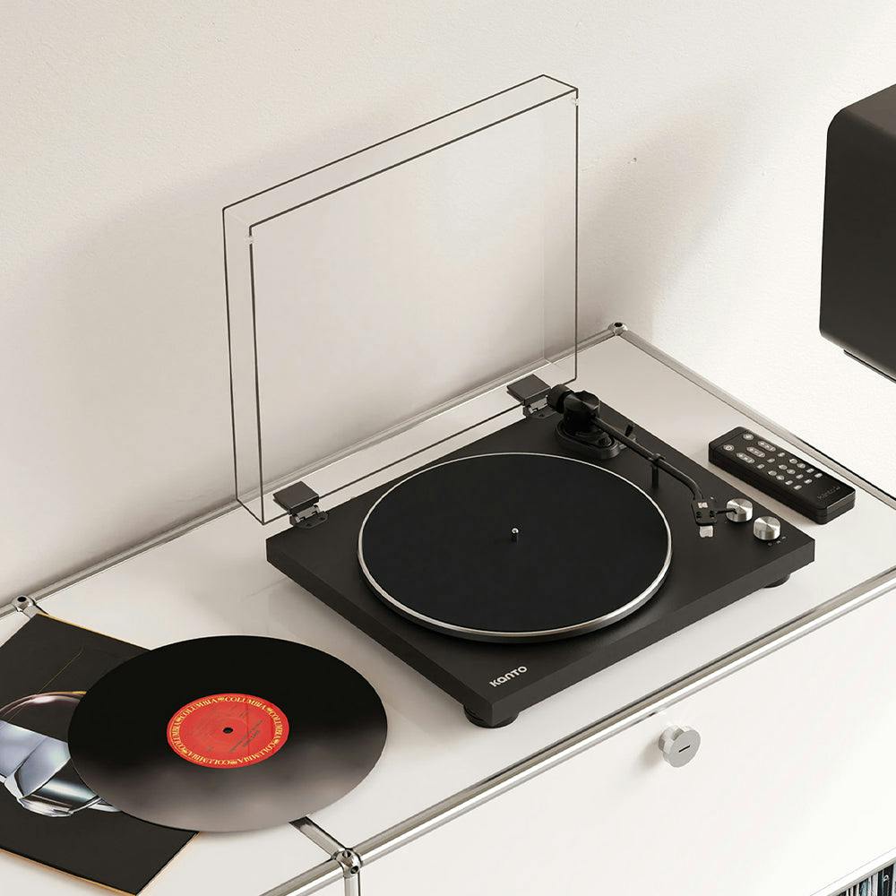 Kanto OBI3 Turntable - Matte Black with Kanto ORA 100W Powered Speakers - Black Bundle