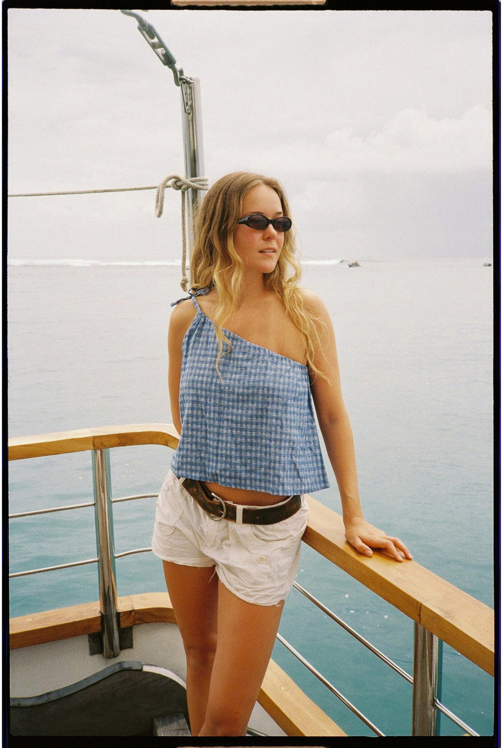 One Shoulder Tie Top in Blue Gingham
