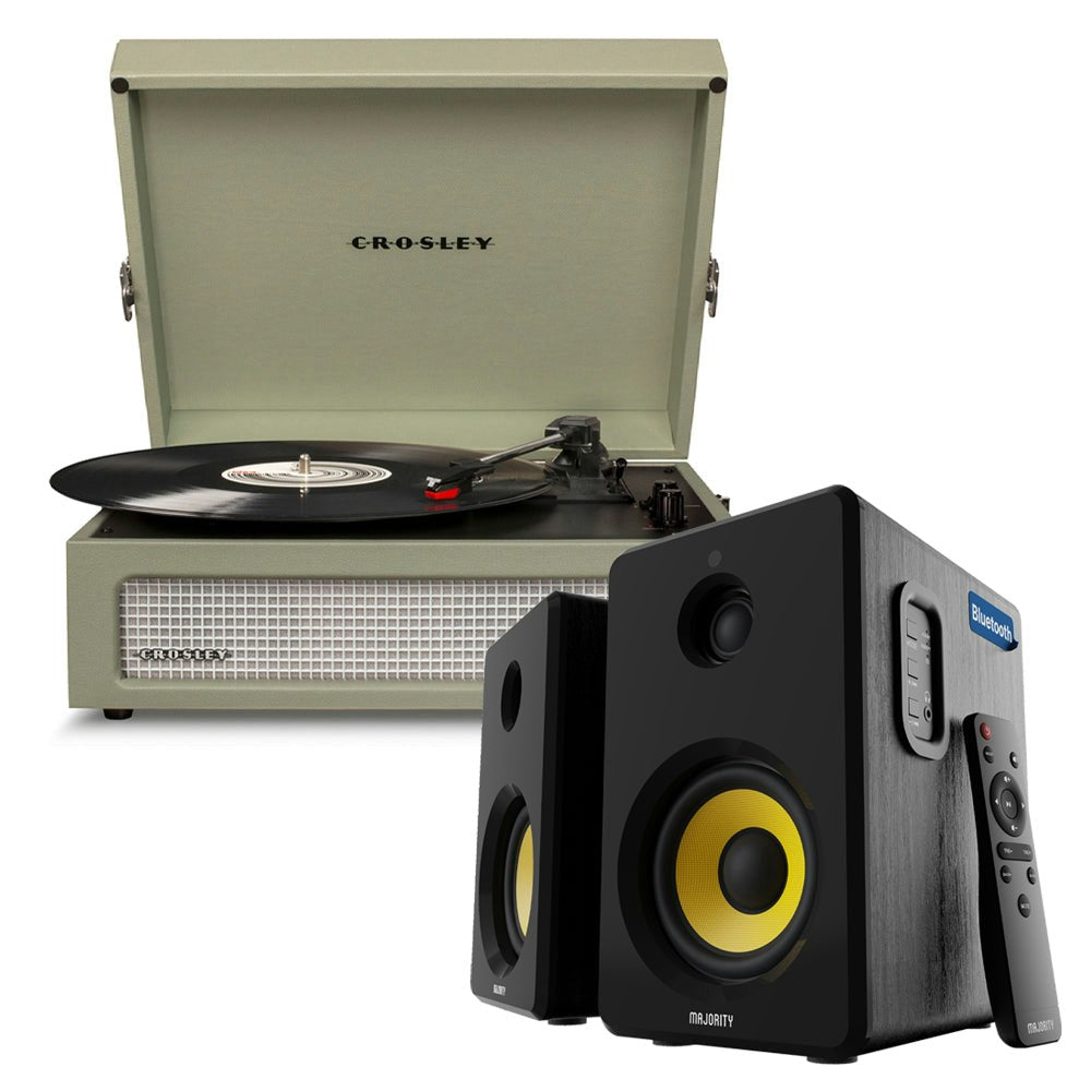 Crosley Voyager Bluetooth Portable Turntable - Sage + Bundled Majority D40X Bluetooth Speakers - Black