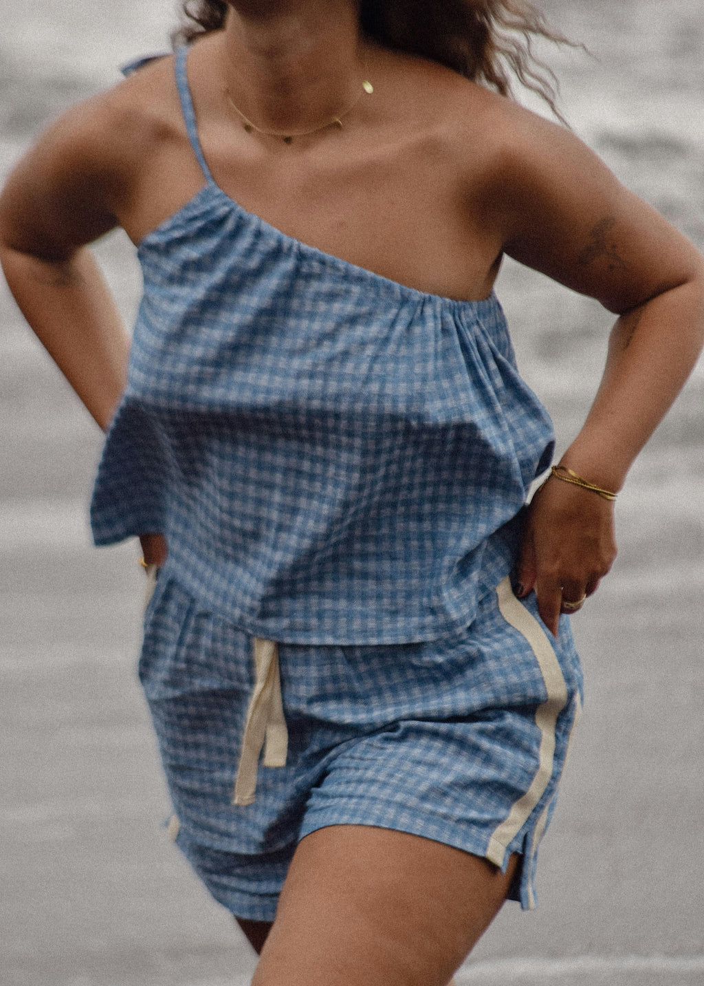 One Shoulder Tie Top in Blue Gingham