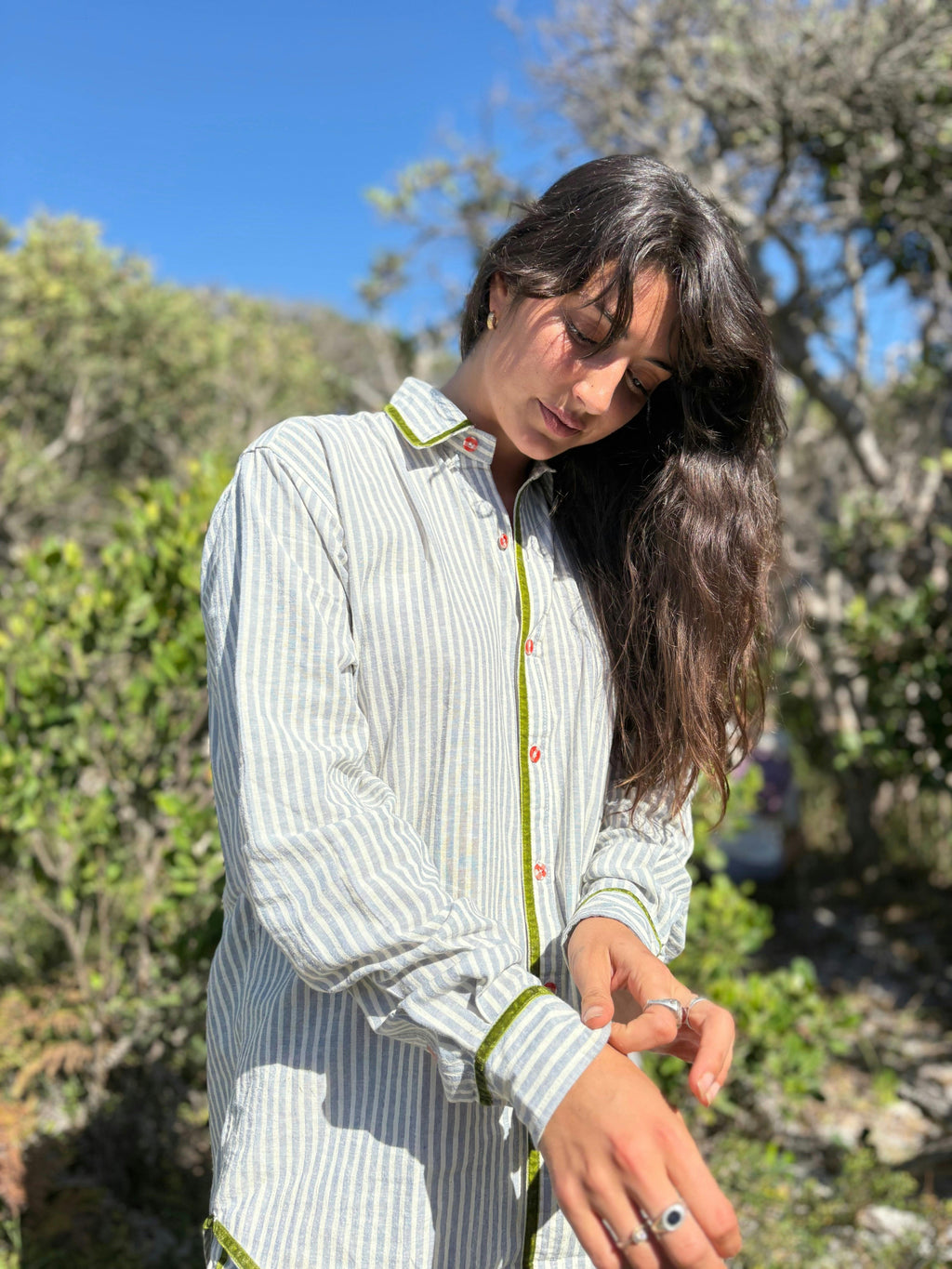 PJ Shirt in Green Velvet Stripe