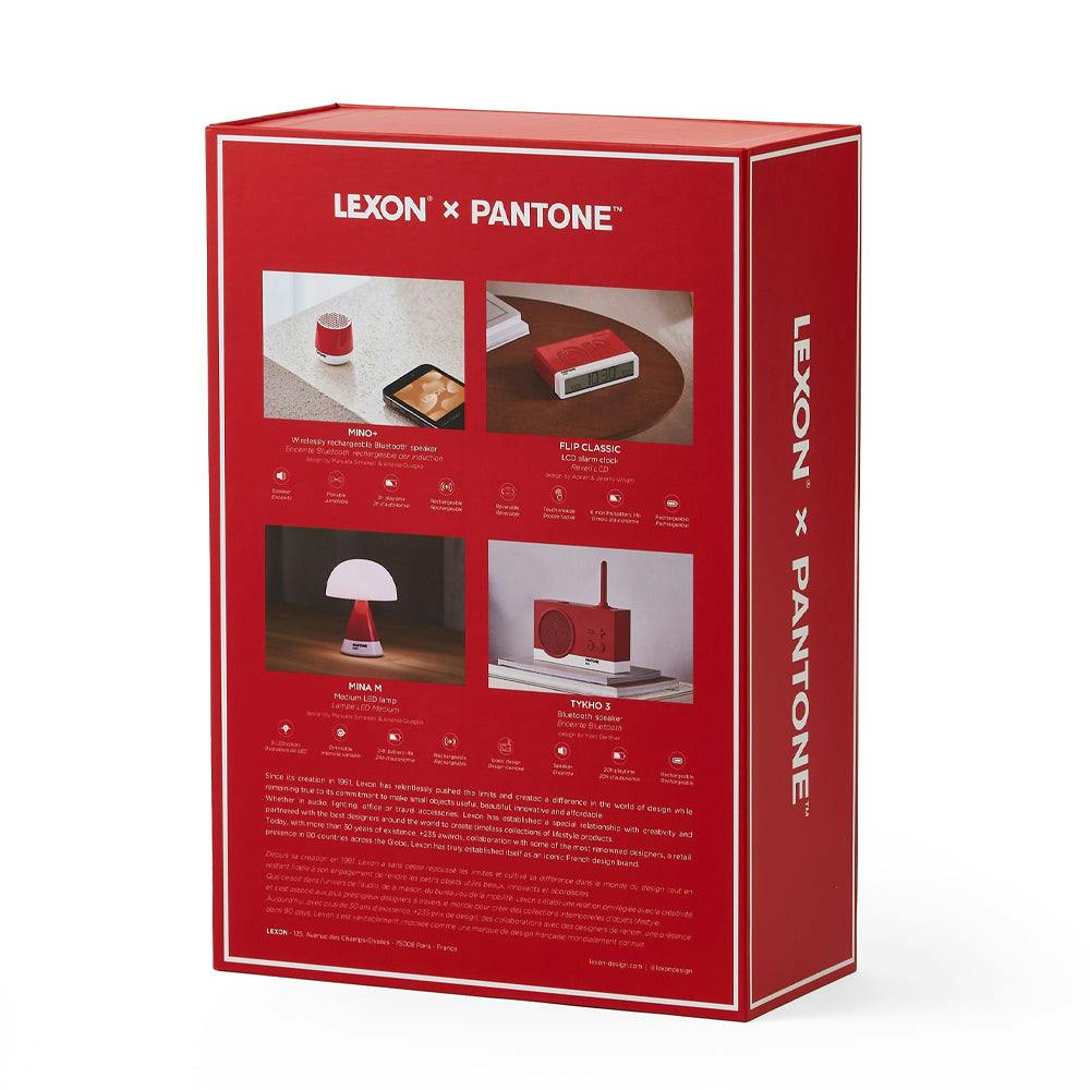 Lexon GIFT Set PANTONE - Includes Mino+ Mini Speaker, Flip Classic Clock, Mina M Lamp, Thykho 3  Speaker - 2035 Red