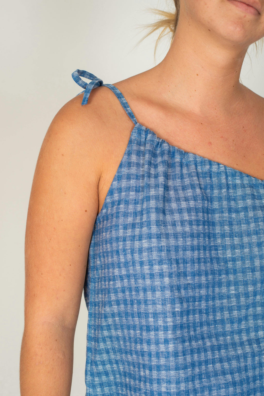 One Shoulder Tie Top in Blue Gingham