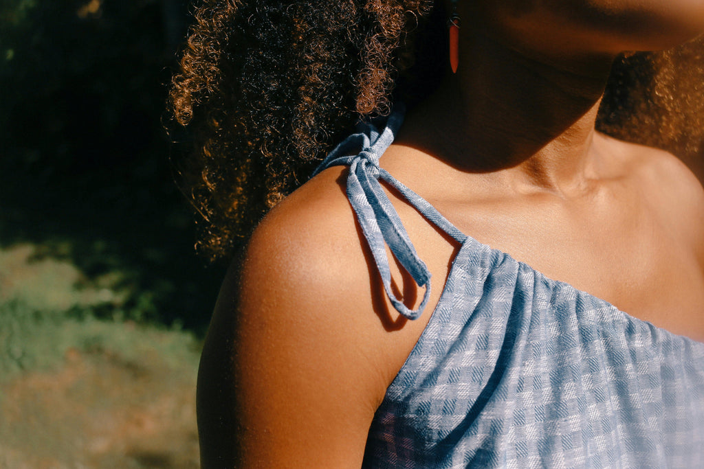 One Shoulder Tie Top in Blue Gingham