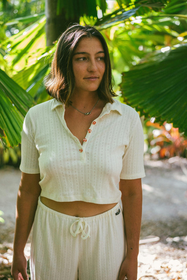 Beach PJ Collar Tee in Cream Pointelle image 2