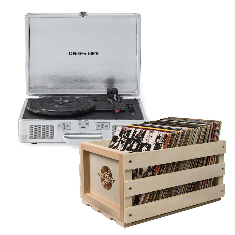 Crosley Cruiser Bluetooth Portable Turntable - Silver + Bundled Crosley Record Storage Crate