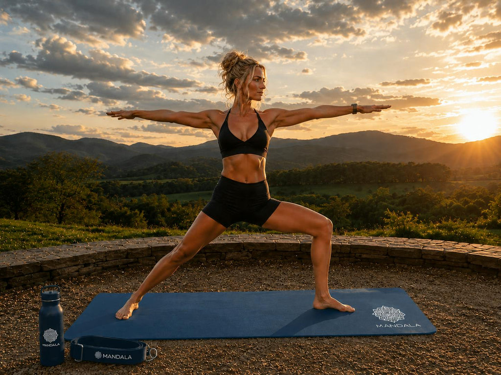 Mandala Yoga Mat Premium Bundle, Includes Yoga Mat 188cm H x 61cm W, Yoga Strap & Steel Hydration Bottle - Midnight Blue