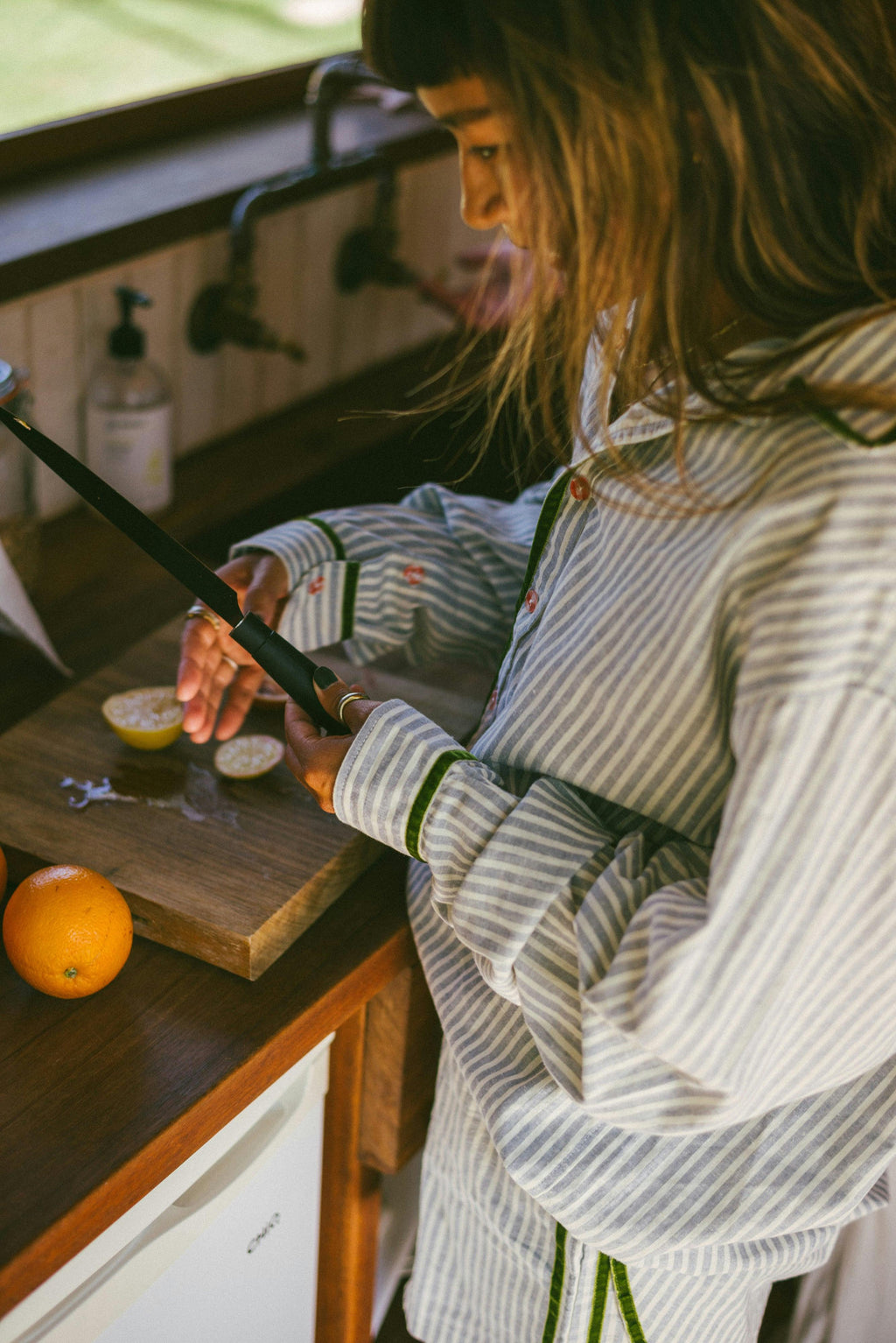 PJ Shirt in Green Velvet Stripe