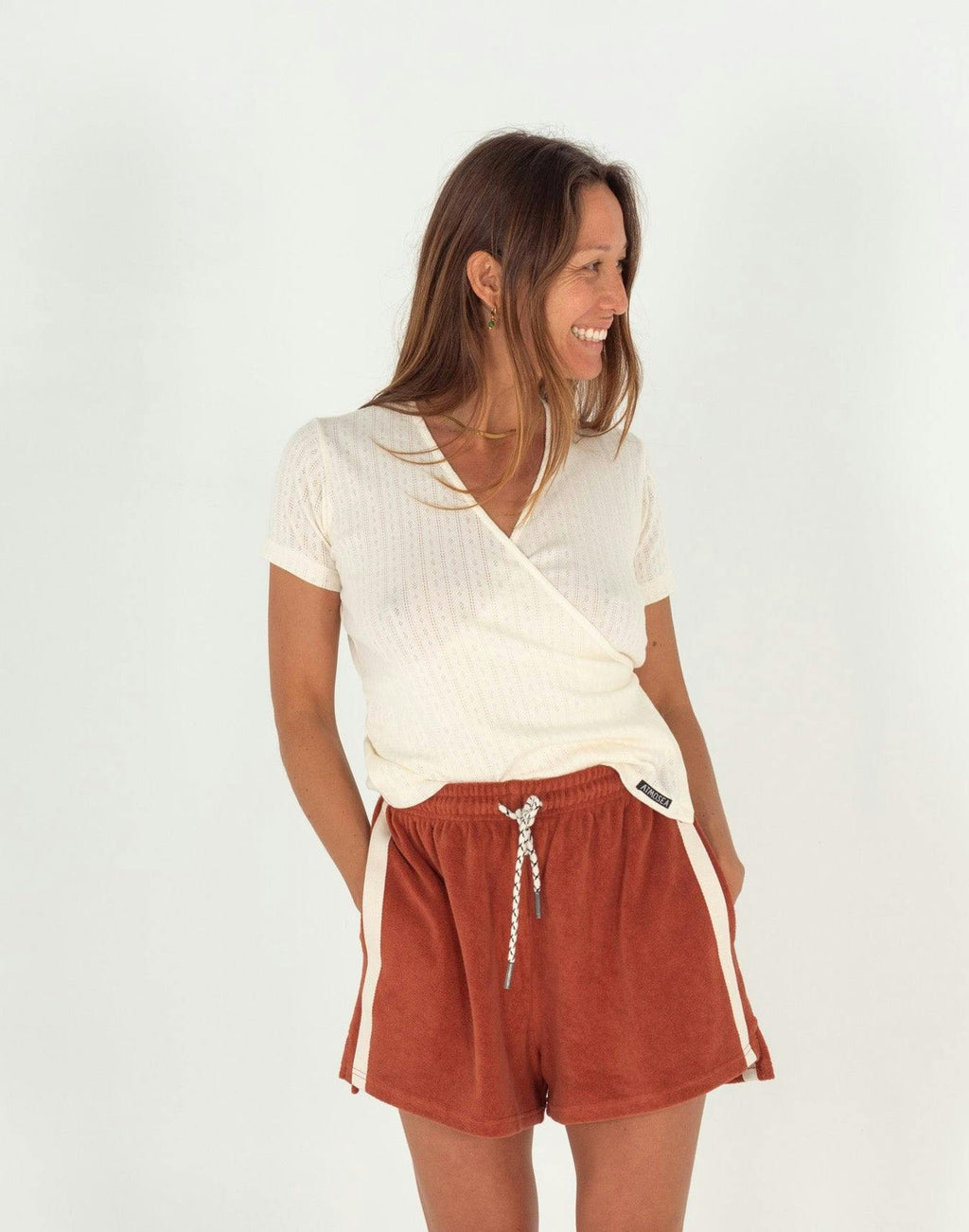 Mila Wrap Top in Oat Pointelle