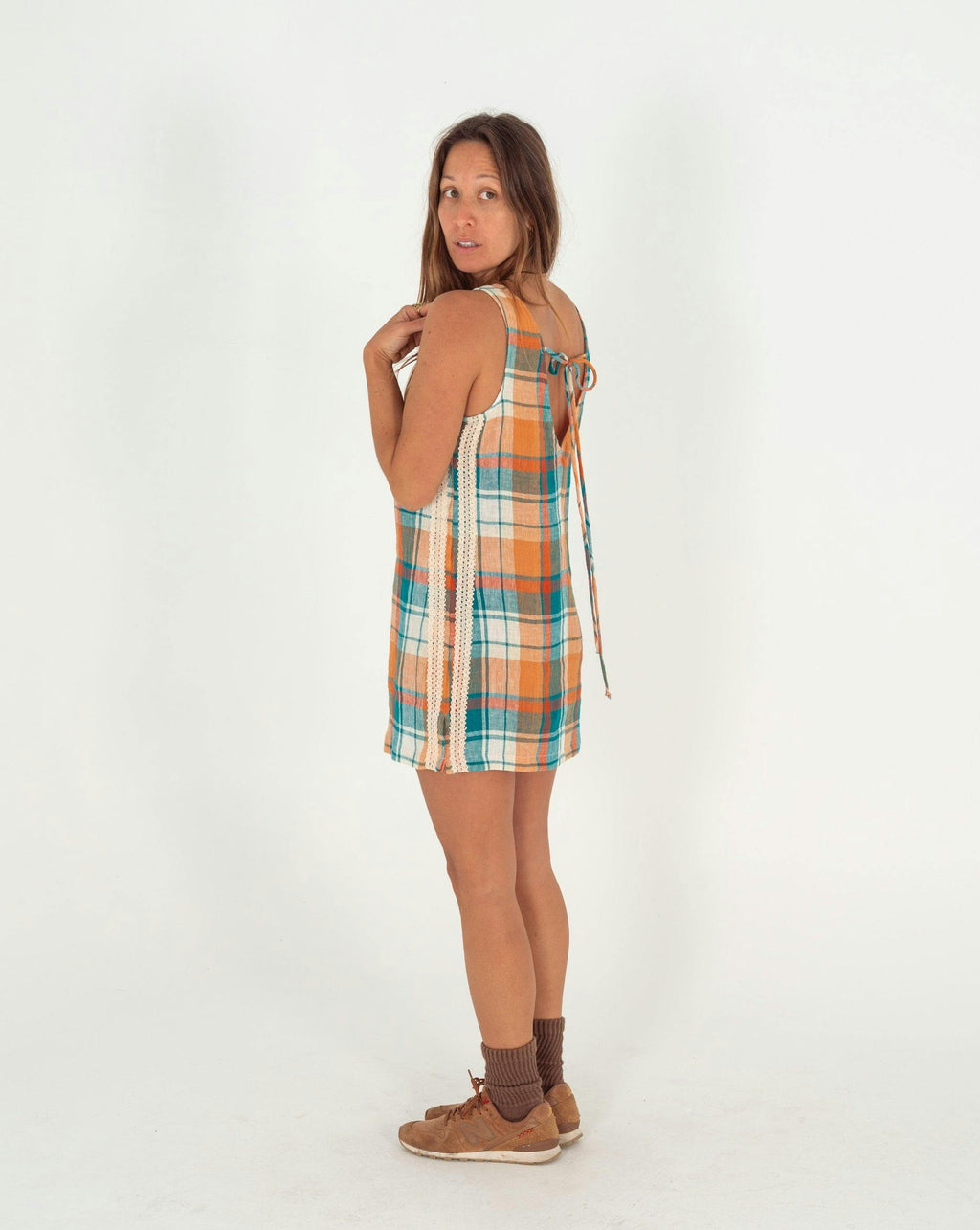 Karina V Neck Mini Dress in Citrus/ Teal Check
