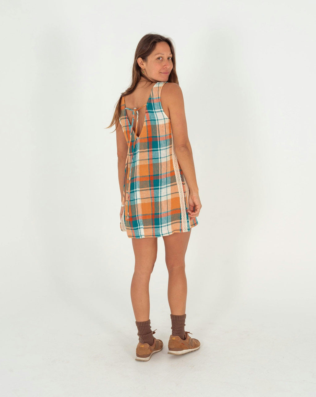 Karina V Neck Mini Dress in Citrus/ Teal Check