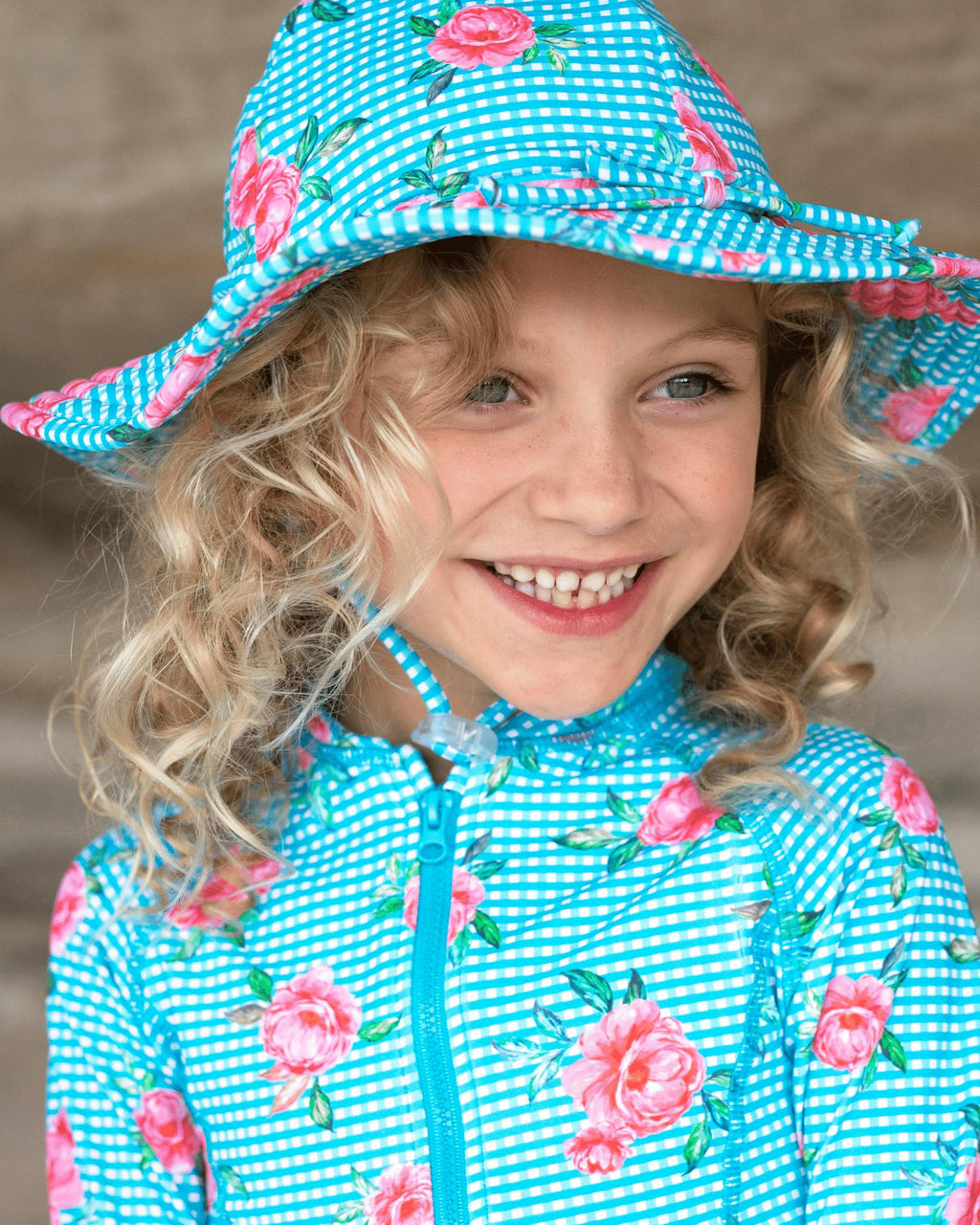 Long sleeve surf swimsuit with matching Beach Hat - Vacation Time print