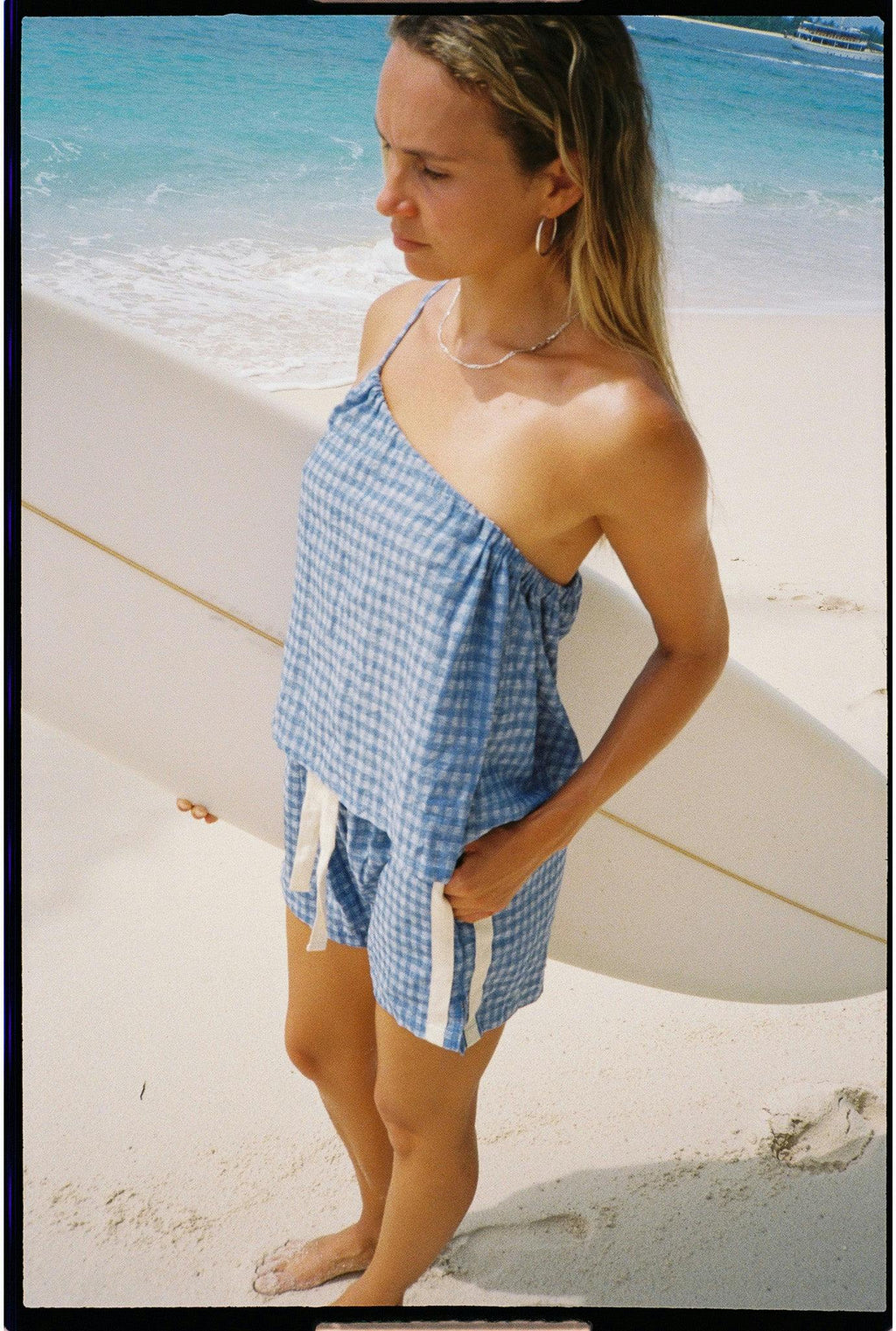 One Shoulder Tie Top in Blue Gingham