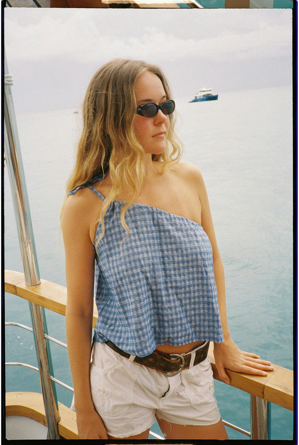 One Shoulder Tie Top in Blue Gingham