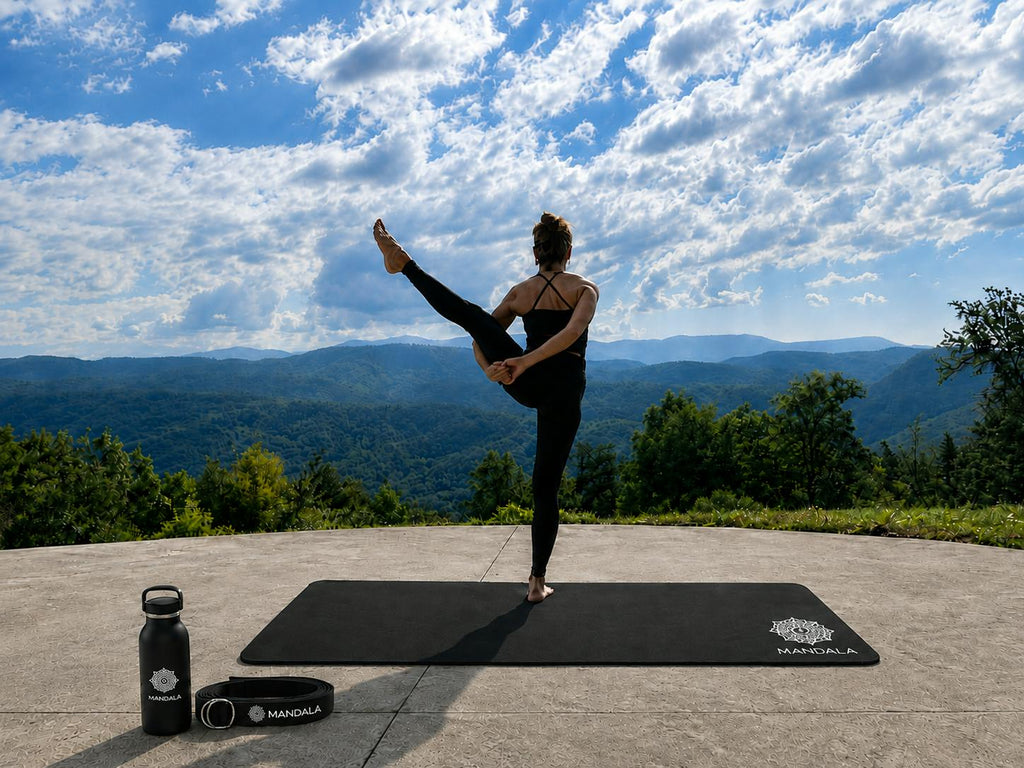 Mandala Yoga Mat Premium Bundle, Includes Yoga Mat 188cm H x 61cm W, Yoga Strap & Steel Hydration Bottle - Black