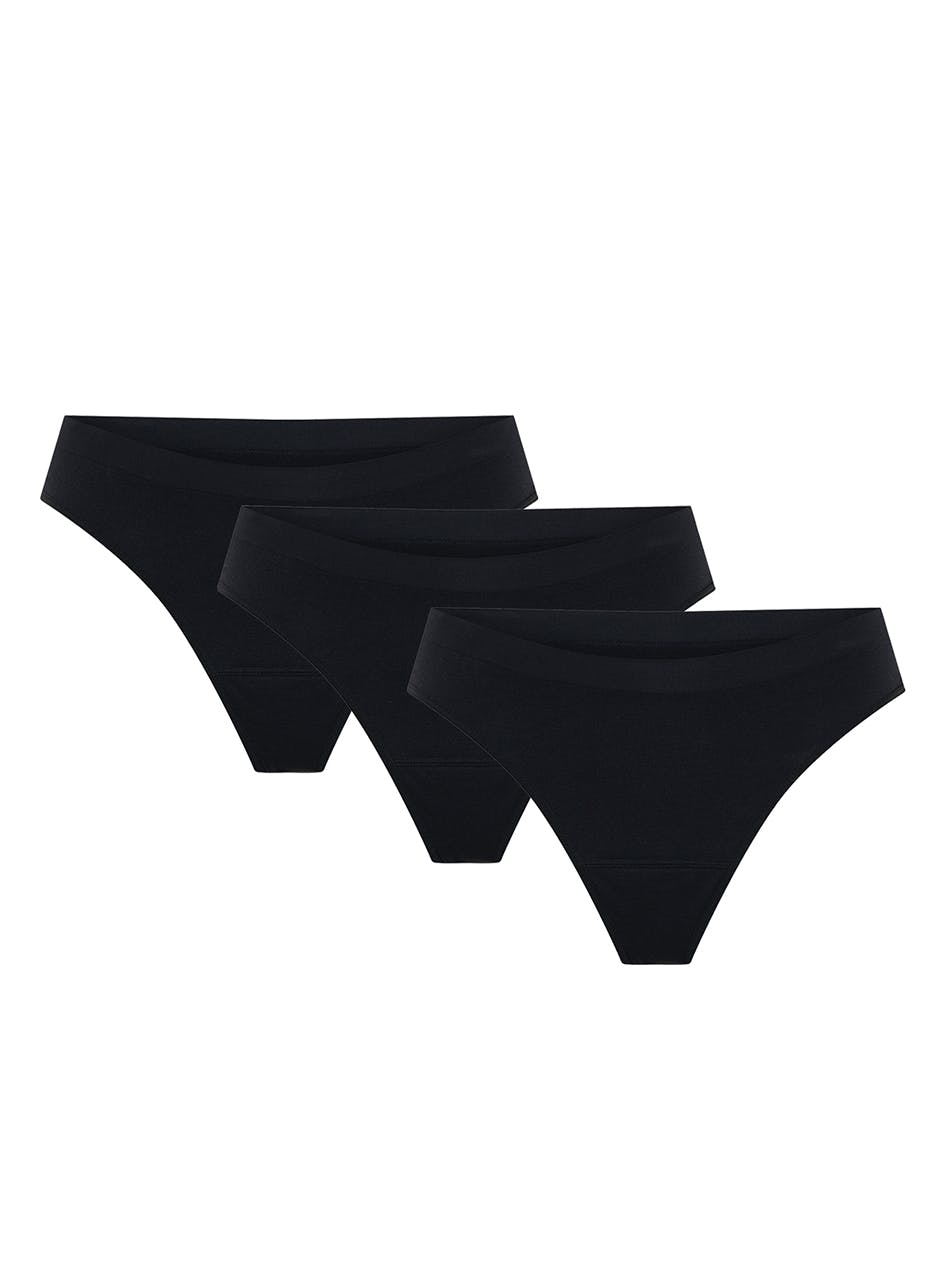Soft Stretch Seamless Period Underwear Thong Light Absorbency 3 Pack Black