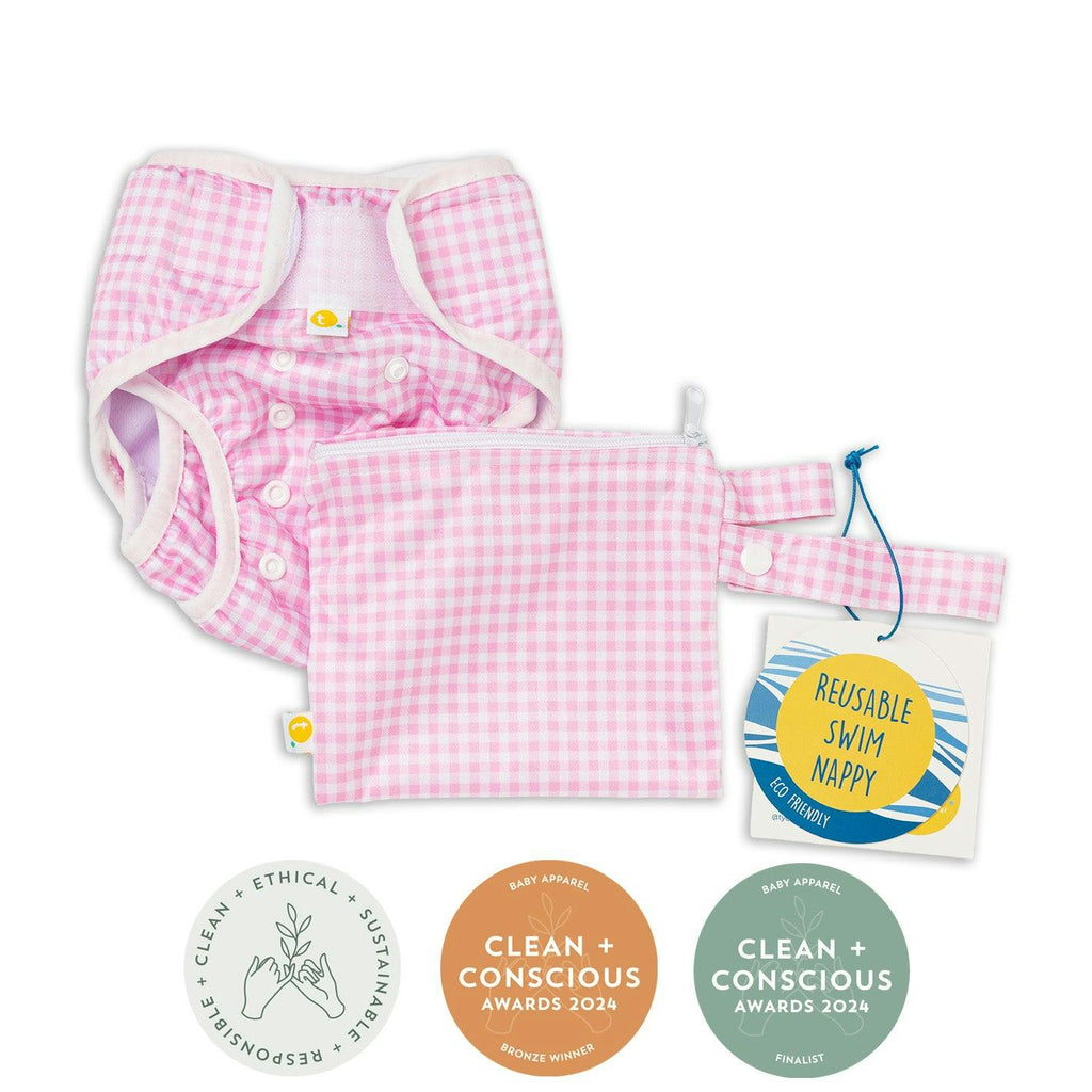 Adjustable Reusable Swim Nappy and Wet Bag - Pink Gingham Check