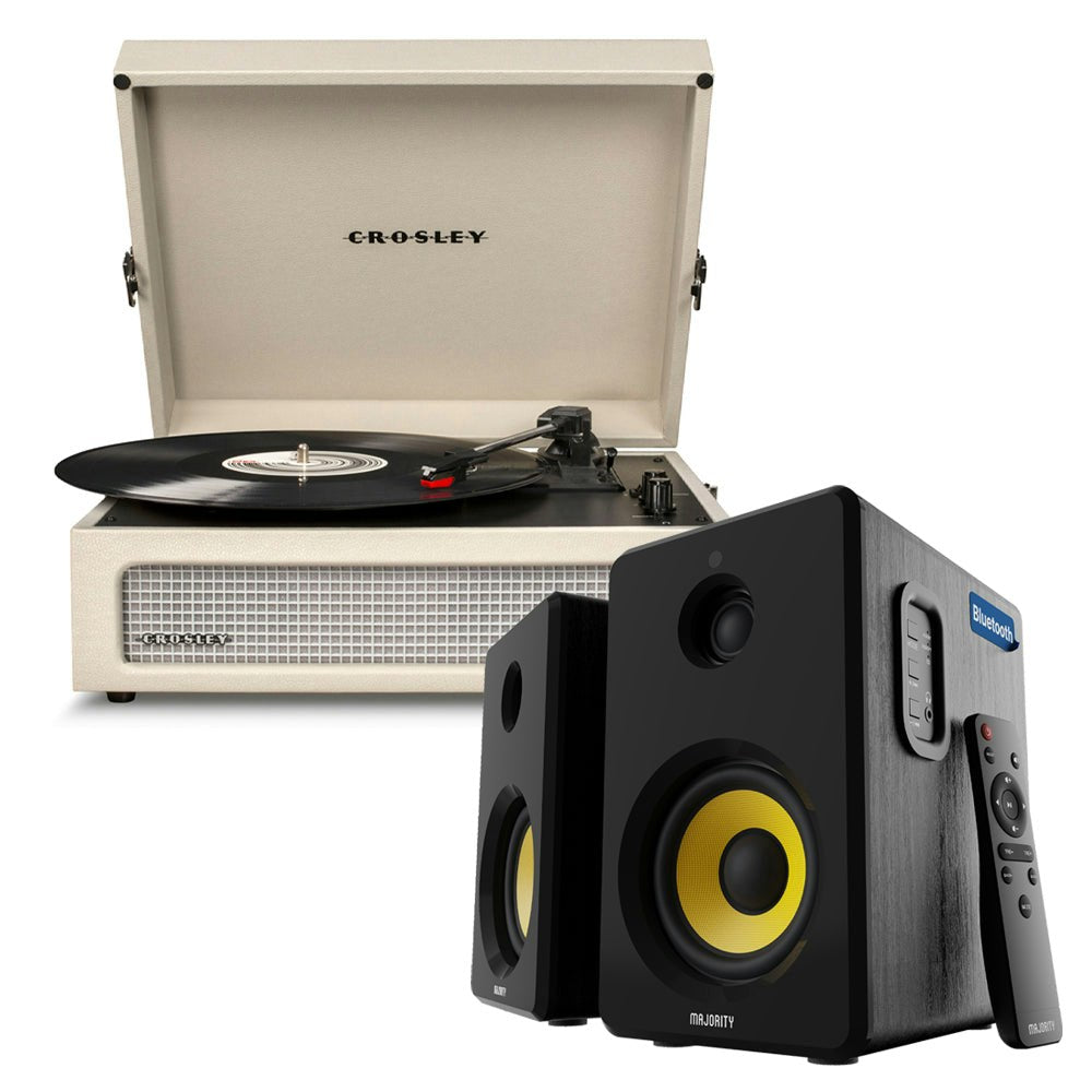 Crosley Voyager Bluetooth Portable Turntable - Dune + Bundled Majority D40X Bluetooth Speakers - Black