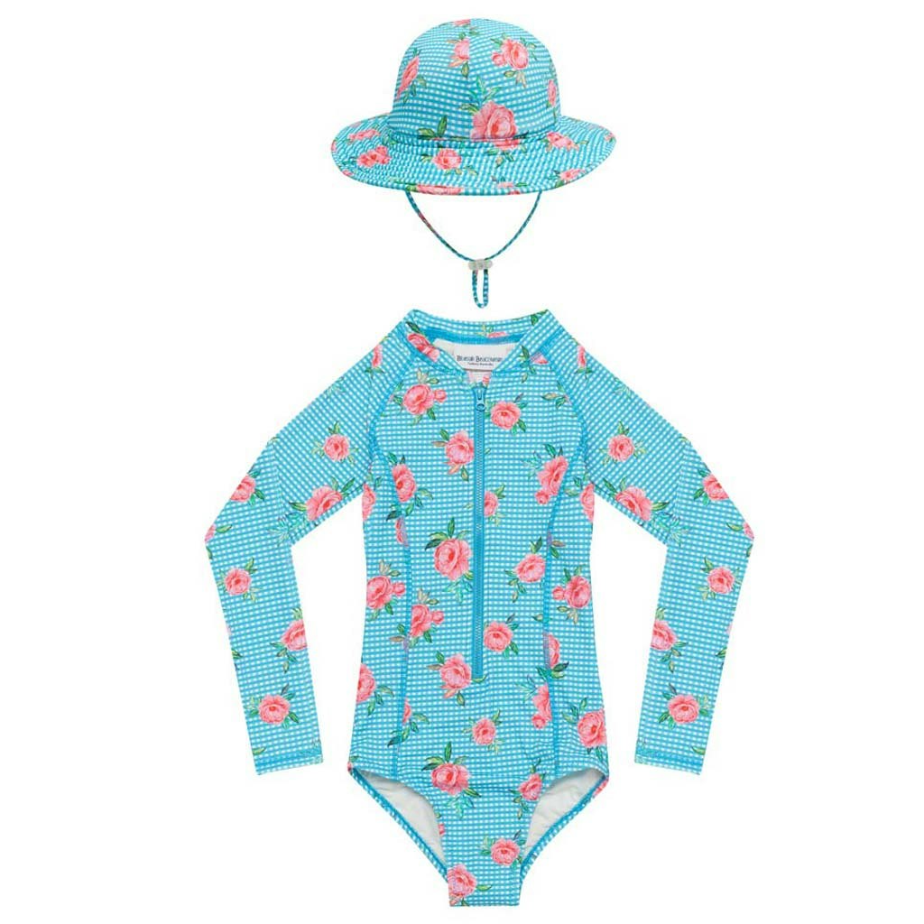 Long sleeve surf swimsuit with matching Beach Hat - Vacation Time print
