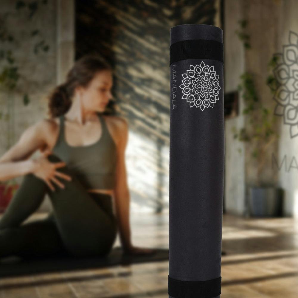 Mandala Yoga Mat Premium Bundle, Includes Yoga Mat 188cm H x 61cm W, Yoga Strap & Steel Hydration Bottle - Black