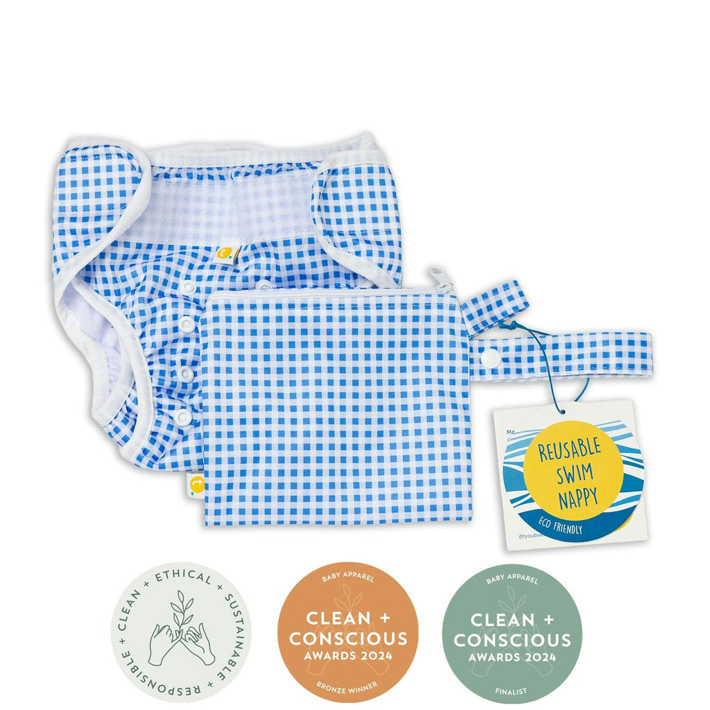 Adjustable Reusable Swim Nappy and Wet Bag - Blue Gingham Check
