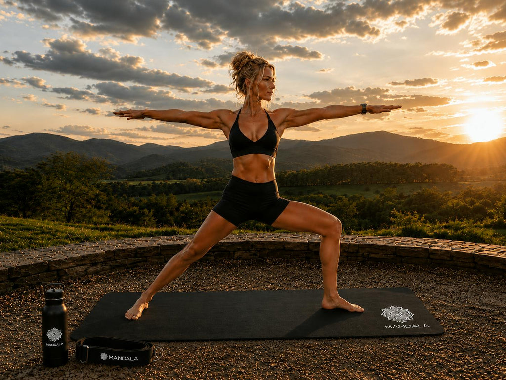 Mandala Yoga Mat Premium Bundle, Includes Yoga Mat 188cm H x 61cm W, Yoga Strap & Steel Hydration Bottle - Black