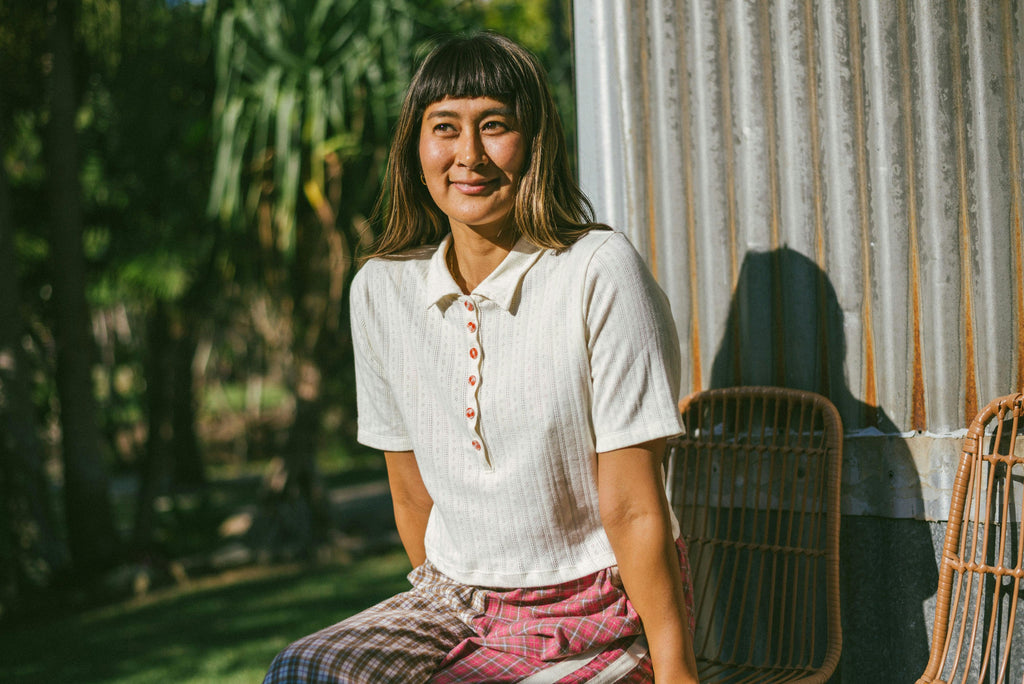 Beach PJ Collar Tee in Cream Pointelle