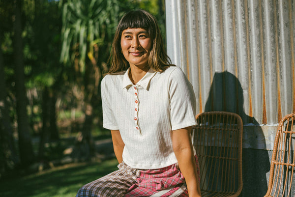 Beach PJ Collar Tee in Cream Pointelle image 1