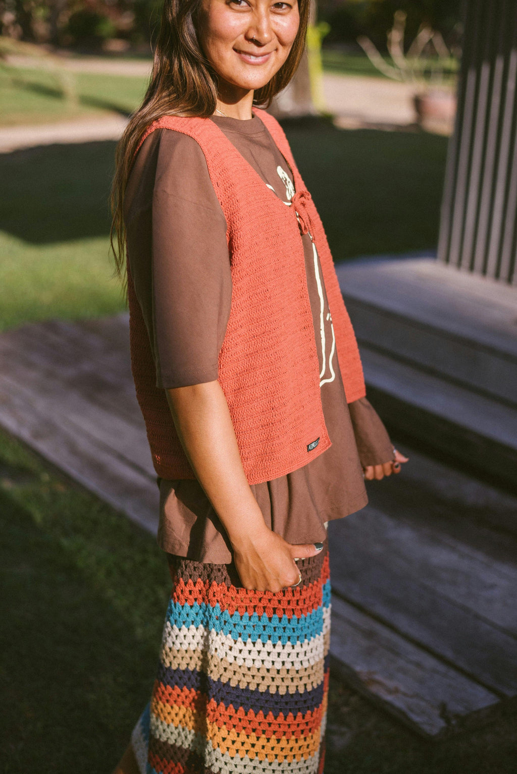 Crochet Tie Vest in Rust