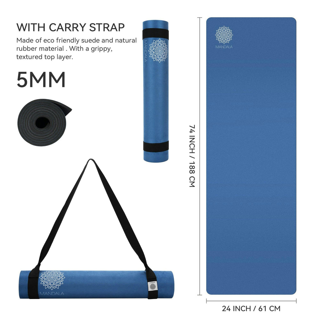 Mandala Yoga Mat Premium Bundle, Includes Yoga Mat 188cm H x 61cm W, Yoga Strap & Steel Hydration Bottle - Midnight Blue